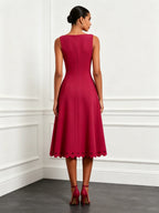 Red Lace Classic Boat Neck Sleeveless A-Line Midi Dress