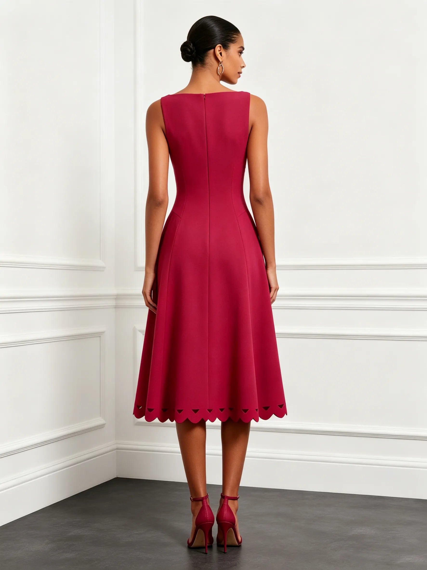 Red Lace Classic Boat Neck Sleeveless A-Line Midi Dress