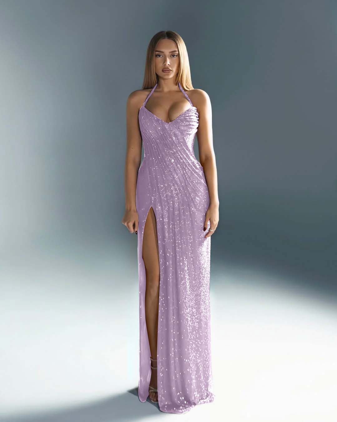 Halter V-Neck Strapless Sleeveless Long Mermaid Prom Dress With Split And Pleated YK0670
