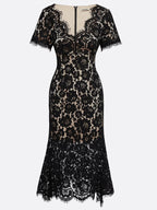 Black Lace Edge Cotton V Neck Short Sleeve Mermaid Midi Dress