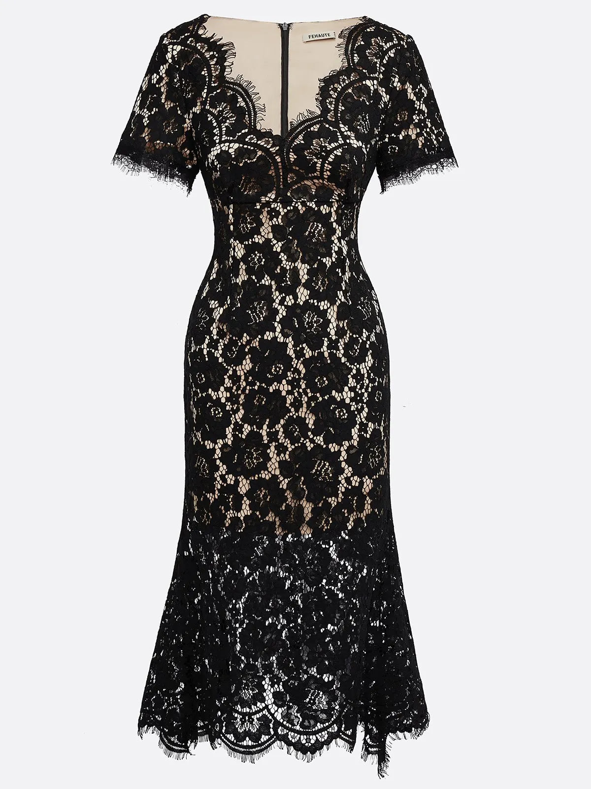 Black Lace Edge Cotton V Neck Short Sleeve Mermaid Midi Dress