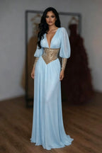 Cocoslly V-Neck Long Sleeves High Waist Long Prom Dress With Rhinstone | White Chiffon LR0373