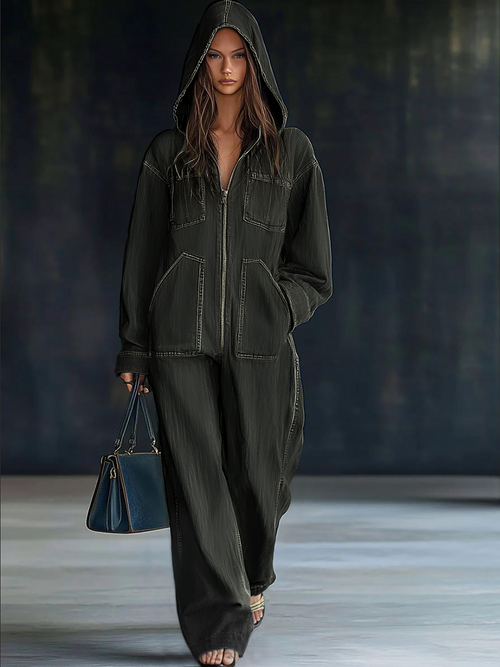 Casual Loose Retro Pocket Long Sleeve Hooded Zipper Denim Jumpsuit