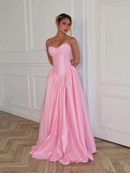 Cocoslly Strapless Sleeveless High Waist Long A Line Prom Dress | Pink Satin CO0190