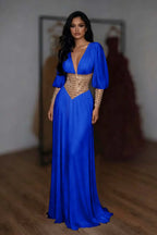 Cocoslly V-Neck Long Sleeves High Waist Long Prom Dress With Rhinstone | White Chiffon LR0373