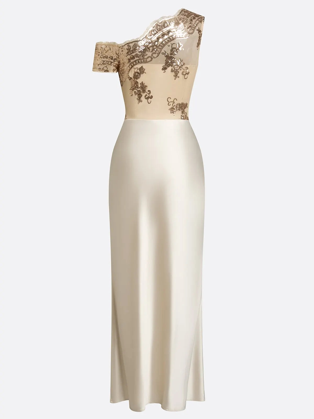 Champagne Lace Ruched Satin One Shoulder Asymmetrical Mermaid Floor-length Gown Dress