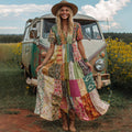 Countryside Style Collection Classy Patchwork Floral Pattern Art Linen Maxi Dress