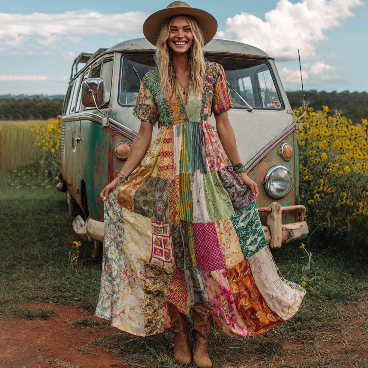 Countryside Style Collection Classy Patchwork Floral Pattern Art Linen Maxi Dress