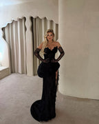 Cocoslly Strapless Sleeveless Long Mermaid Prom Dress With Gloves And Deep Split | Black Lace CO0034