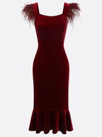 Wine Red Feather Velvet Square Neck Sleeveless Mermaid Midi Dress