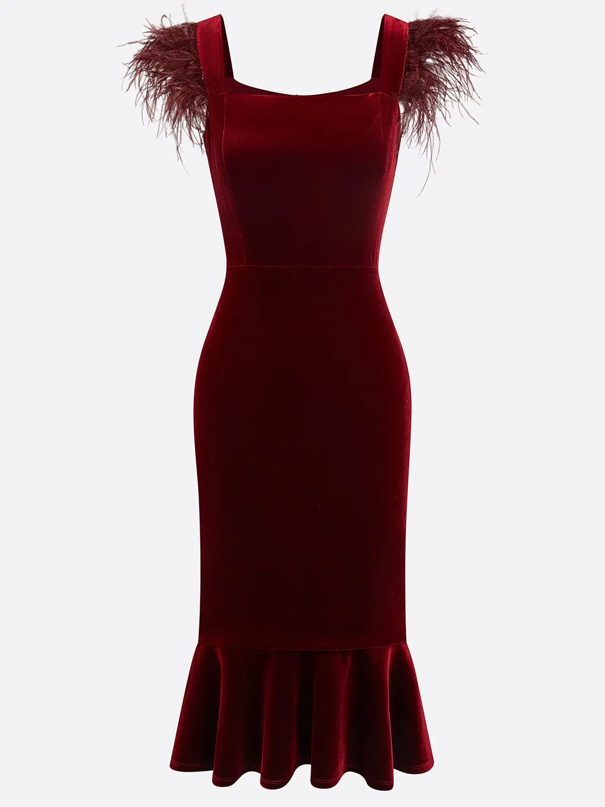 Wine Red Feather Velvet Square Neck Sleeveless Mermaid Midi Dress