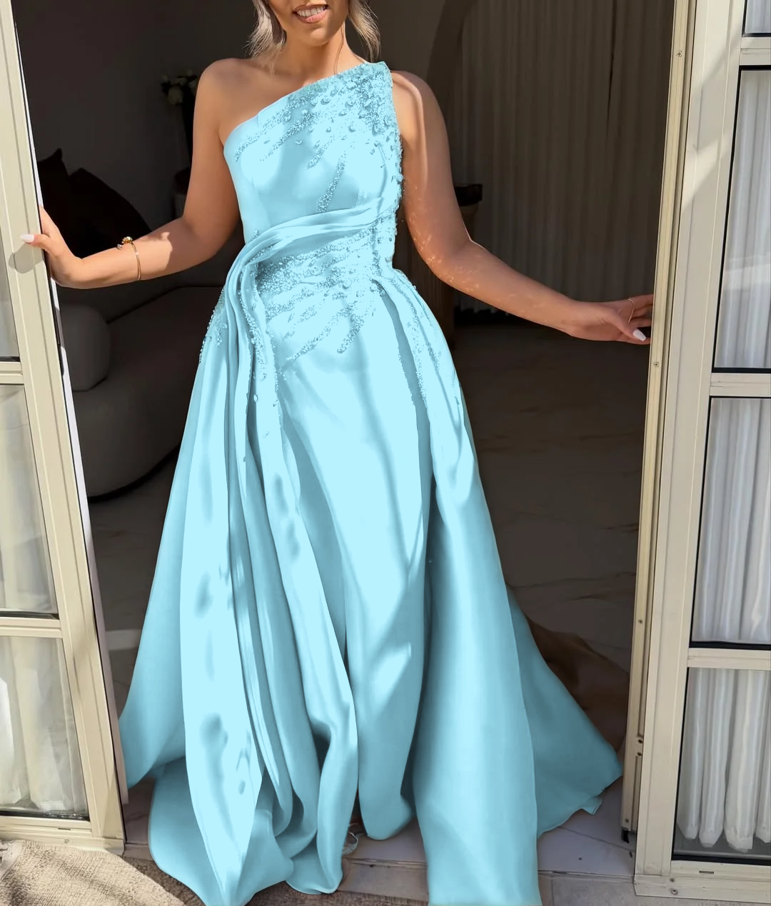 Asymmetric Strapless Sleeveless Long A-Line Prom Dress With Pleated And Beadings YK0692