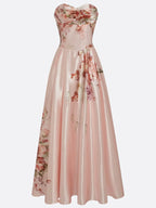 Pink Floral Satin Strapless Sleeveless A-Line Gown Dress