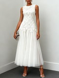 White Lace Classic Crew Neck Sleeveless A-Line Maxi Dress