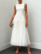 White Lace Classic Crew Neck Sleeveless A-Line Maxi Dress