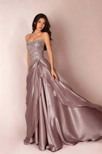 Cocoslly Strapless Sleeveless High Waist Long Prom Dress With Rhinstone And Beading Pearls | Baby Blue Satin LR0577