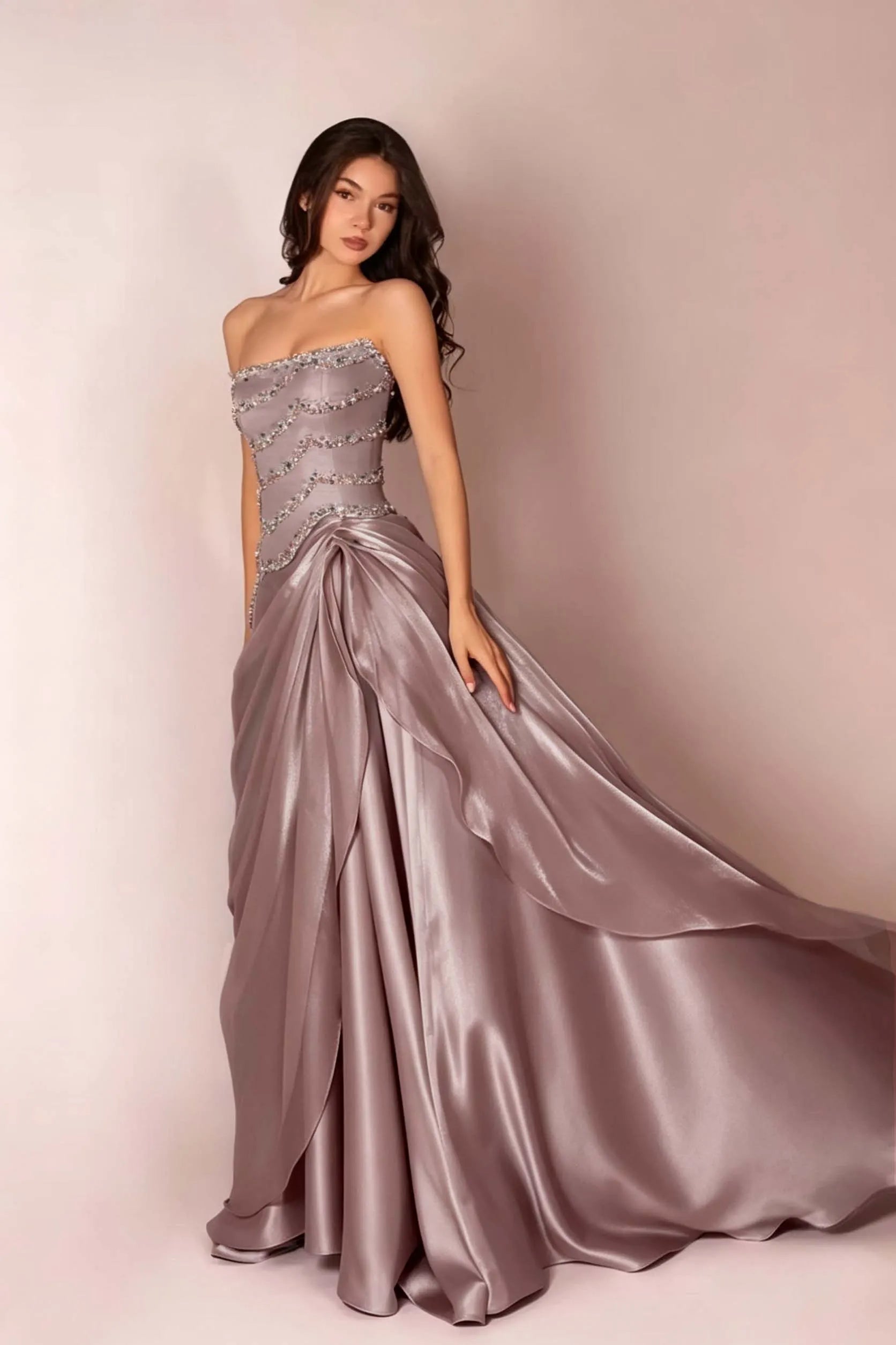 Cocoslly Strapless Sleeveless High Waist Long Prom Dress With Rhinstone And Beading Pearls | Baby Blue Satin LR0577