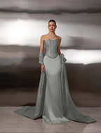 Satin Strapless Sleeveless Long Mermaid Prom Dress With Ruffles And Sequins YK0759