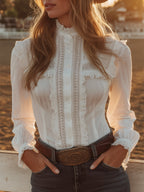 銆�24-hour shipping out銆慦estern-style White Lace Button-down Shirt