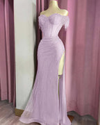 Off the Shoulder Sleeveless Long Split Prom Dress With Beading YK0161