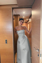 Cocoslly Strapless Sleeveless High Waist Long Prom Dress With Appliques | Mist Blue Satin WQ0251