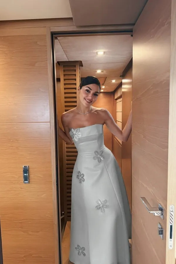 Cocoslly Strapless Sleeveless High Waist Long Prom Dress With Appliques | Mist Blue Satin WQ0251