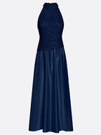 Navy Blue Lace Satin Crew Neck Sleeveless A-Line Maxi Dress