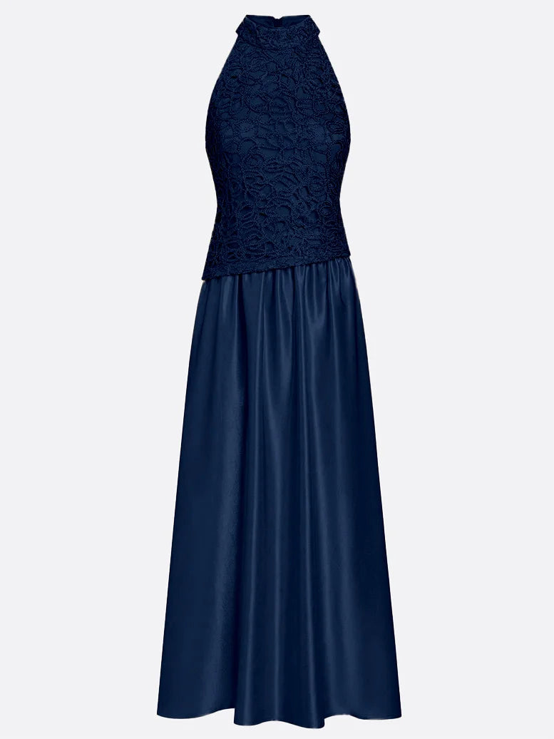 Navy Blue Lace Satin Crew Neck Sleeveless A-Line Maxi Dress