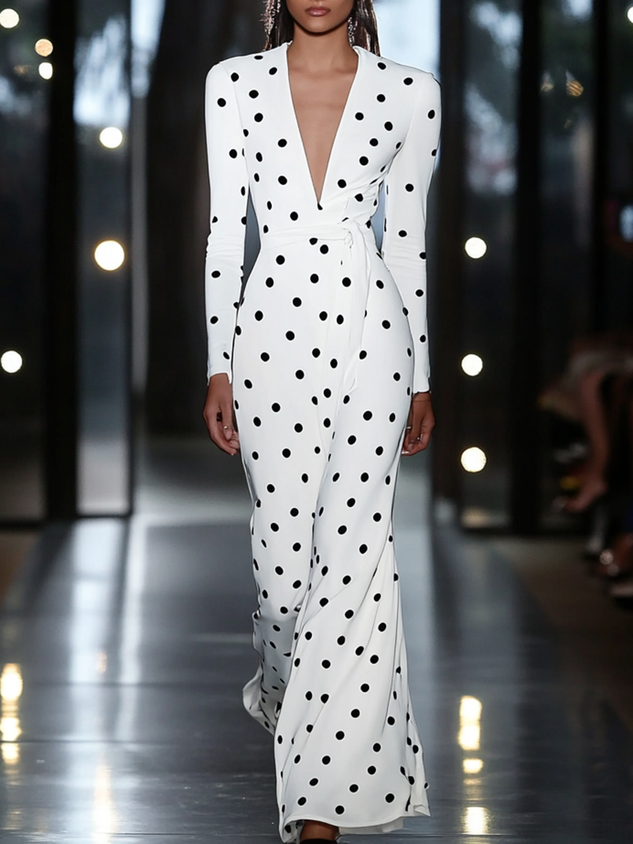 White Polka Dots Deep V Neck Long Sleeve A-Line Maxi Dress