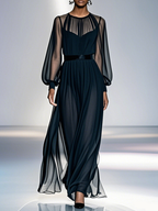 Black Mesh Ruched Chiffon Crew Neck Long Balloon Sleeve A-Line Maxi Dress