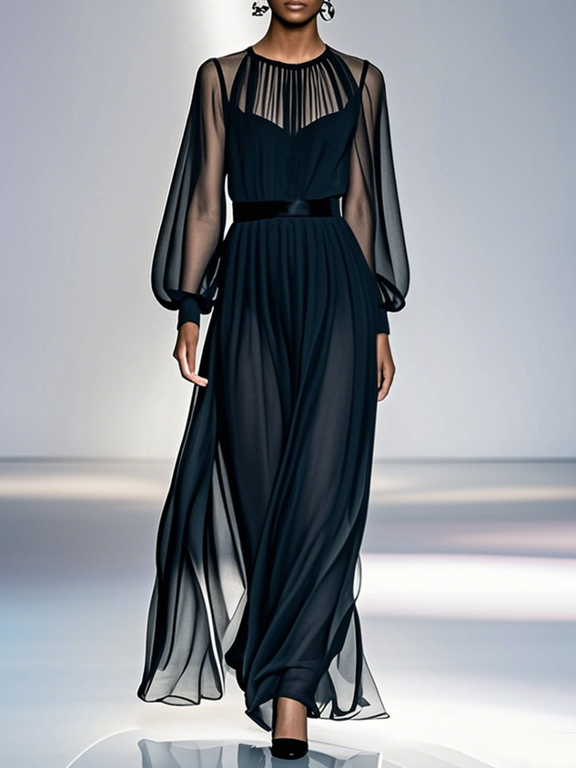 Black Mesh Ruched Chiffon Crew Neck Long Balloon Sleeve A-Line Maxi Dress