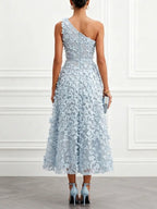 Light Blue 3D Floral Classic One Shoulder Sleeveless A-Line Midi Dress