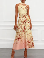 Pale Yellow Floral Classic Halter Mock Neck Sleeveless A-Line Maxi Dress