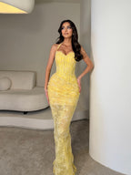 Cocoslly Halter Sleeveless Long Mermaid Prom Dress With Embroidered | Yellow Lace CO0076