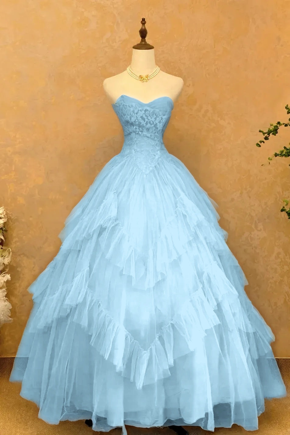 Cocoslly Strapless Sleeveless High Waist Long Prom Dress With Ruffles | Sky Blue Tulle YC0473