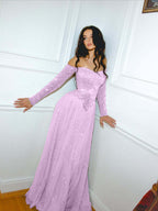 Tulle Off-The-Shoulder Strapless Long Sleeves Long A-Line Prom Dress With Sequins YK0629