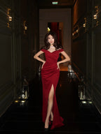 Cocoslly Off-The-Shoulder Sleeveless High Waist Long Mermaid Prom Dress With Split | Burgundy Satin CO0178