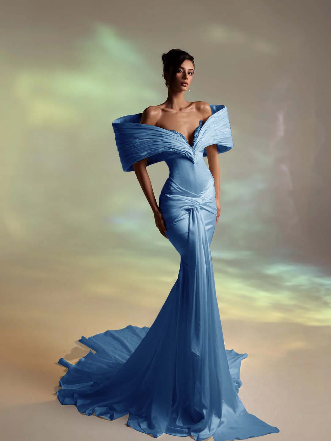 Deep V-Neck Strapless Long Pleated Mermaid Prom Dress With Ruffles And Beadings YK0707