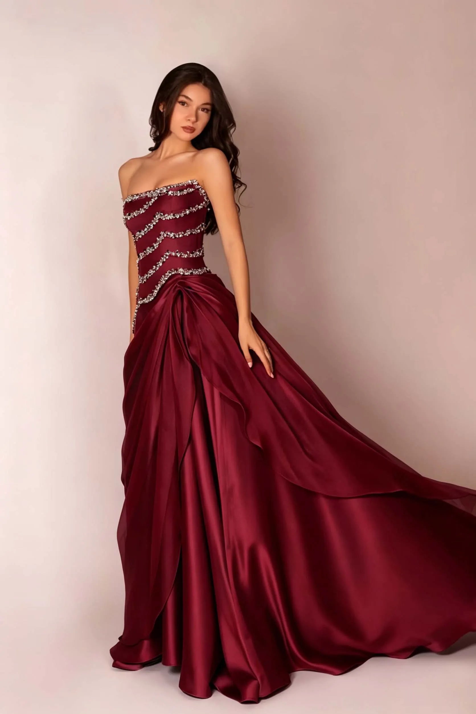 Cocoslly Strapless Sleeveless High Waist Long Prom Dress With Rhinstone And Beading Pearls | Baby Blue Satin LR0577