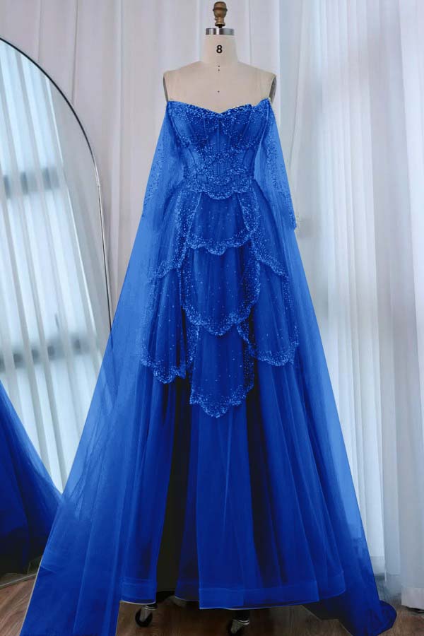 Tulle Strapless Sleeveless High Waist Long A-Line Prom Dress With Beadings And Ruffles WQ0557