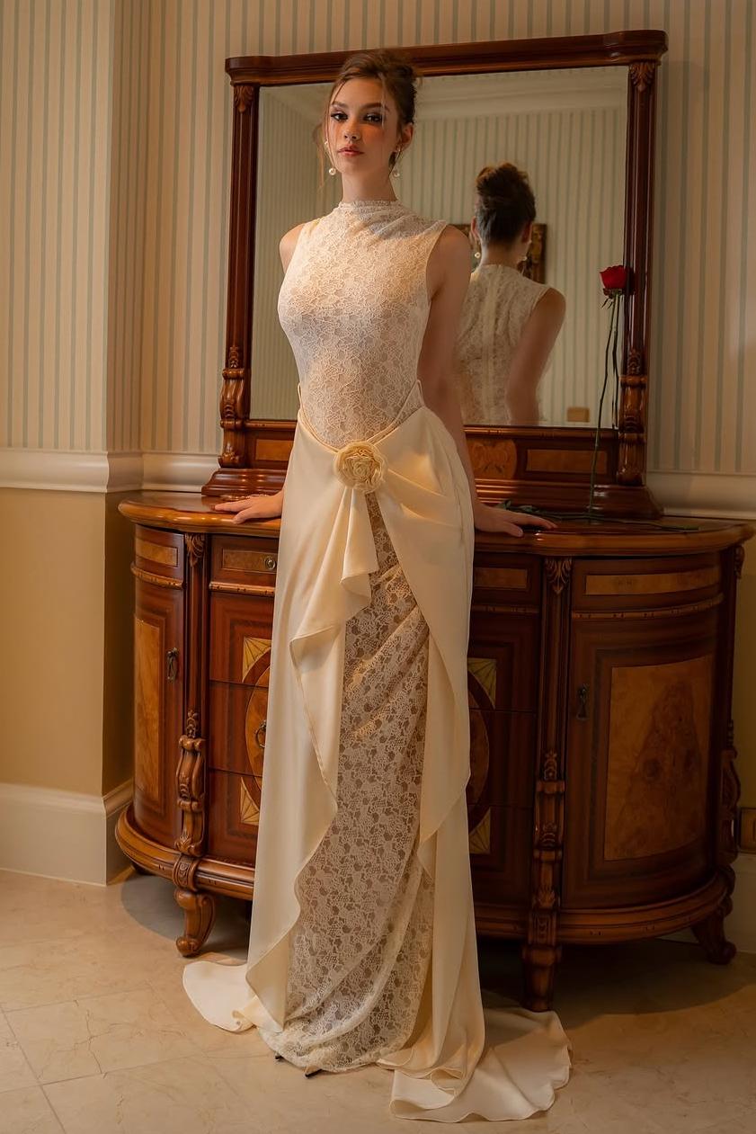 Cocoslly High Neck Sleeveless Mermaid Prom Dress With Lace Embroidery