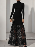 Black Mesh Floral Knit Mock Neck Long Sleeve A-Line Maxi Dress