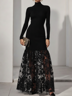 Black Mesh Floral Knit Mock Neck Long Sleeve A-Line Maxi Dress