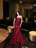 Cocoslly Strapless Sleeveless High Waist Long Mermaid Prom Dress With Sequins | Burgundy Tulle CO0162