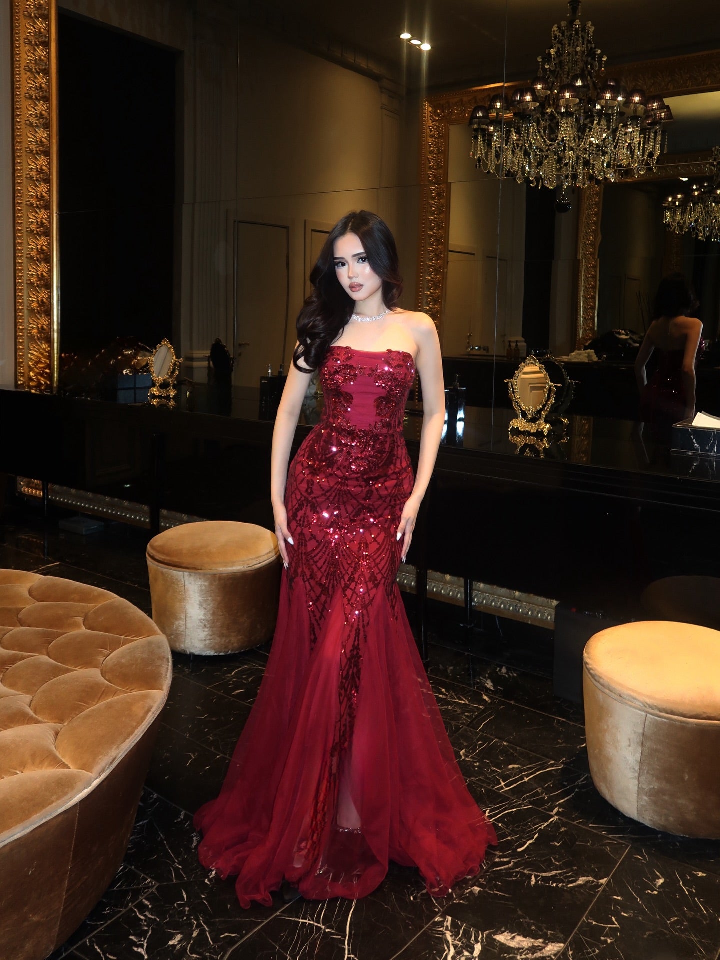 Cocoslly Strapless Sleeveless High Waist Long Mermaid Prom Dress With Sequins | Burgundy Tulle CO0162