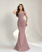 Cocoslly Square Neck Sleeveless High Waist Long Mermaid Prom Dress With Pleated | Burgundy Satin DB0128