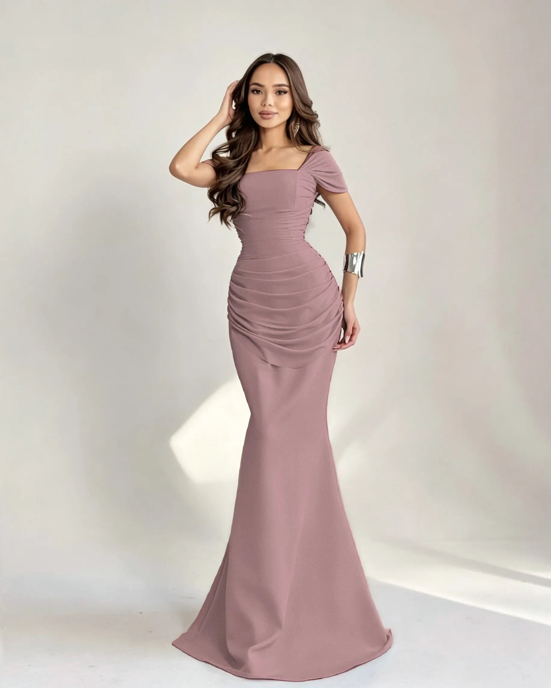 Cocoslly Square Neck Sleeveless High Waist Long Mermaid Prom Dress With Pleated | Burgundy Satin DB0128
