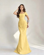 Cocoslly Square Neck Sleeveless High Waist Long Mermaid Prom Dress With Pleated | Burgundy Satin DB0128