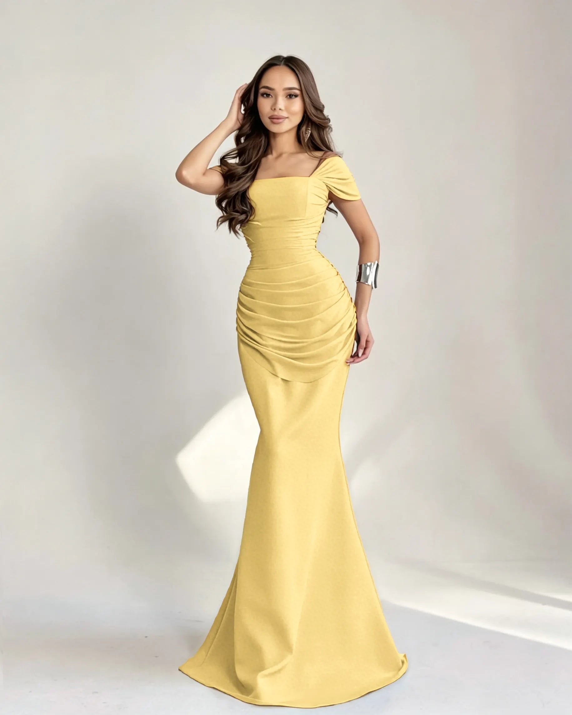 Cocoslly Square Neck Sleeveless High Waist Long Mermaid Prom Dress With Pleated | Burgundy Satin DB0128