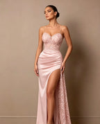 Cocoslly Spaghetti Straps Sleeveless High Waist Long Prom Dress With Split And Beading Pearls | Dark Green Satin LX0098